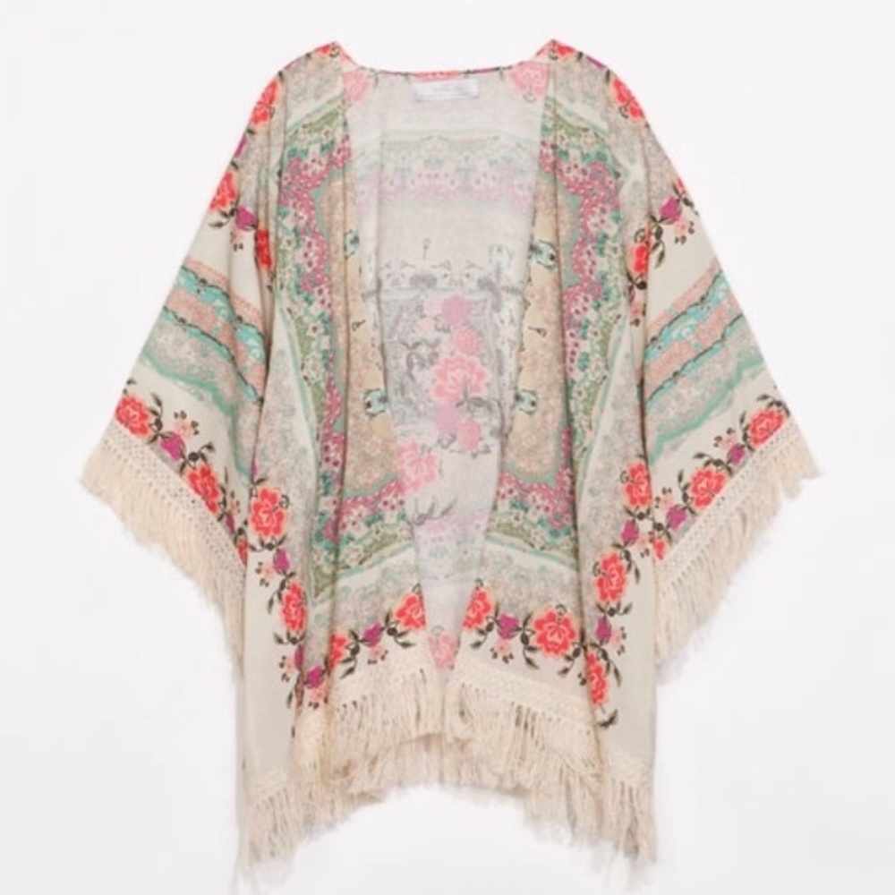 ZAPA Basic Boho Floral Fringe Kimono Coverup